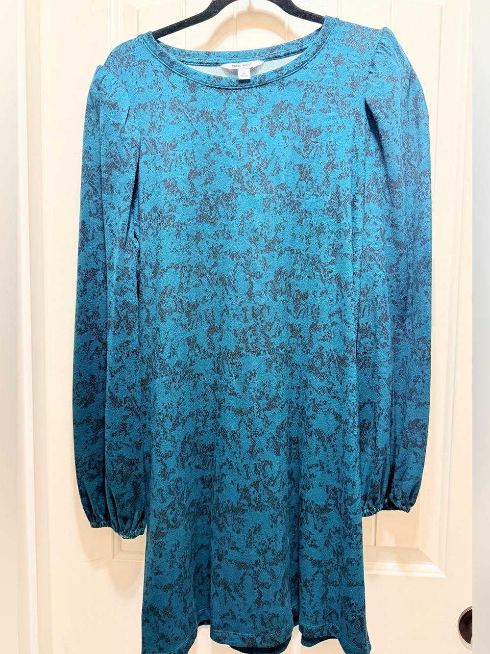 Nine West Teal Patterned Long-Sleeve Shift Dress